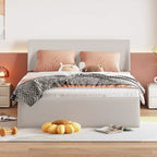 Queen Size Sleigh Bed with Side-Tilt Hydraulic Storage System, Linen Upholstery, Beige