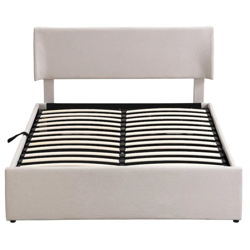 Queen Size Sleigh Bed with Side-Tilt Hydraulic Storage System, Linen Upholstery, Beige