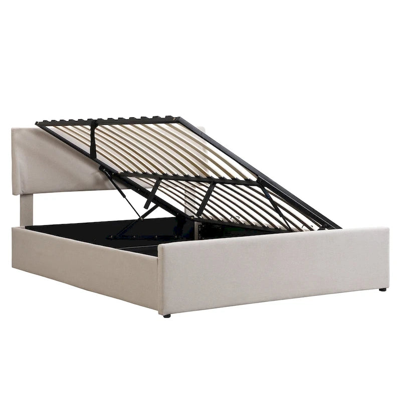 Queen Size Sleigh Bed with Side-Tilt Hydraulic Storage System, Linen Upholstery, Beige
