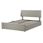 Queen Size Sleigh Bed with Side-Tilt Hydraulic Storage System, Linen Upholstery, Beige