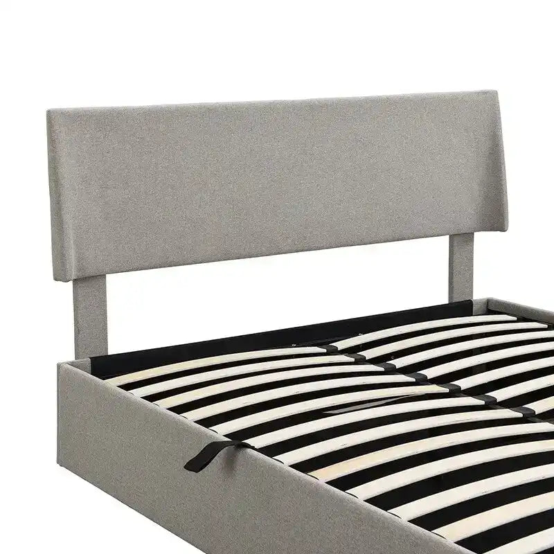 Queen Size Sleigh Bed with Side-Tilt Hydraulic Storage System, Linen Upholstery, Beige