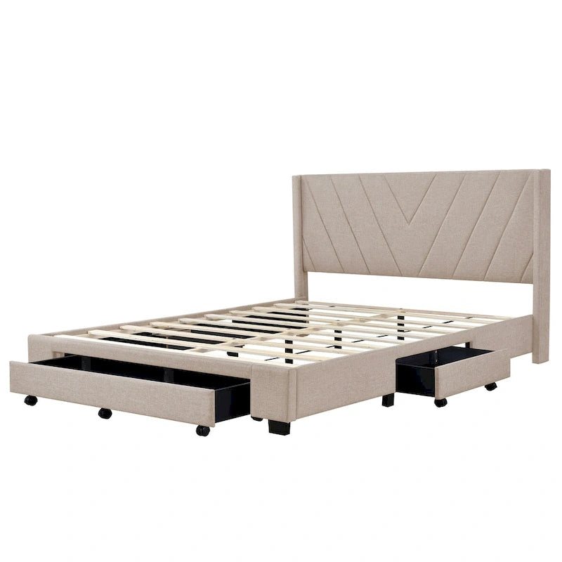 Queen Size Sleigh Bed with Side-Tilt Hydraulic Storage System, Linen Upholstery, Beige