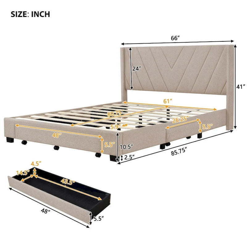 Queen Size Sleigh Bed with Side-Tilt Hydraulic Storage System, Linen Upholstery, Beige