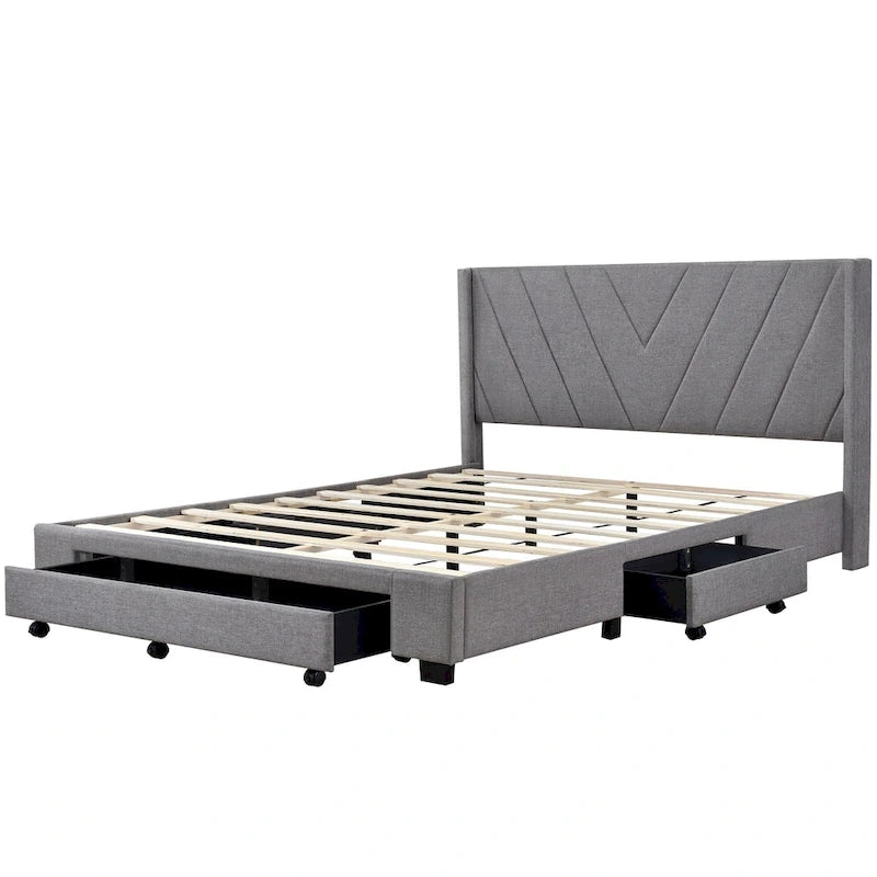Queen Size Sleigh Bed with Side-Tilt Hydraulic Storage System, Linen Upholstery, Beige