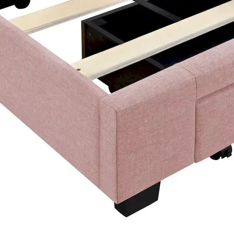 Queen Size Sleigh Bed with Side-Tilt Hydraulic Storage System, Linen Upholstery, Beige