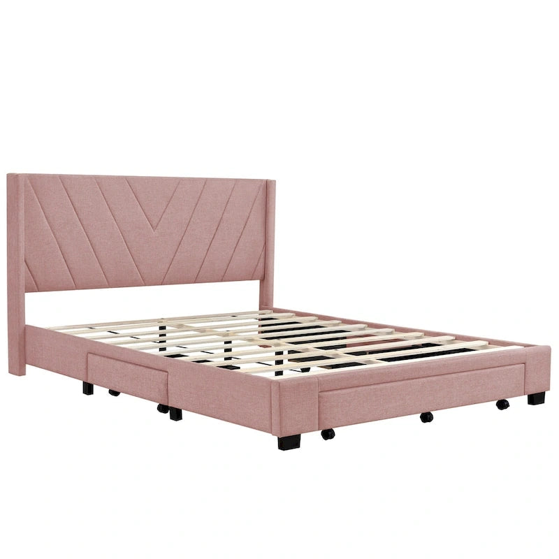Queen Size Sleigh Bed with Side-Tilt Hydraulic Storage System, Linen Upholstery, Beige
