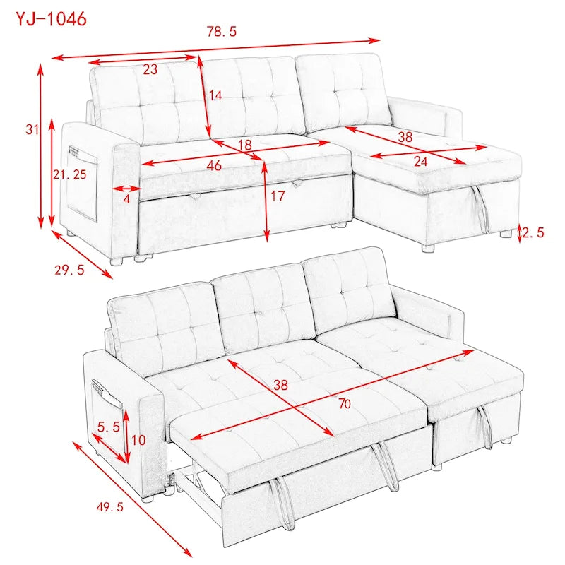 MH 78.5 Sleeper Sofa Bed Reversible Sectional Couch with Storage Chaise and Side storage bag for Small Space Living Room Furnit