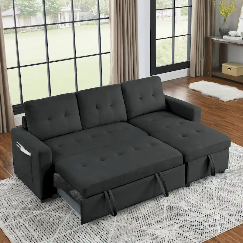 MH 78.5 Sleeper Sofa Bed Reversible Sectional Couch with Storage Chaise and Side storage bag for Small Space Living Room Furnit