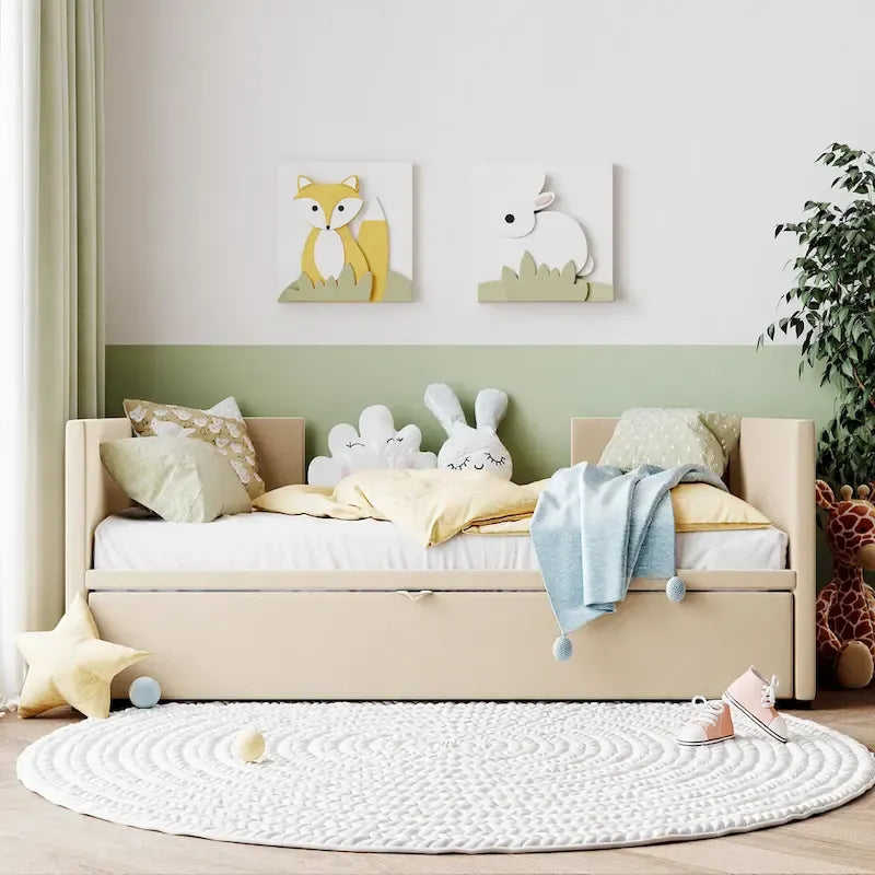Twin Size Upholstered daybed with Pop Up Trundle, Beige