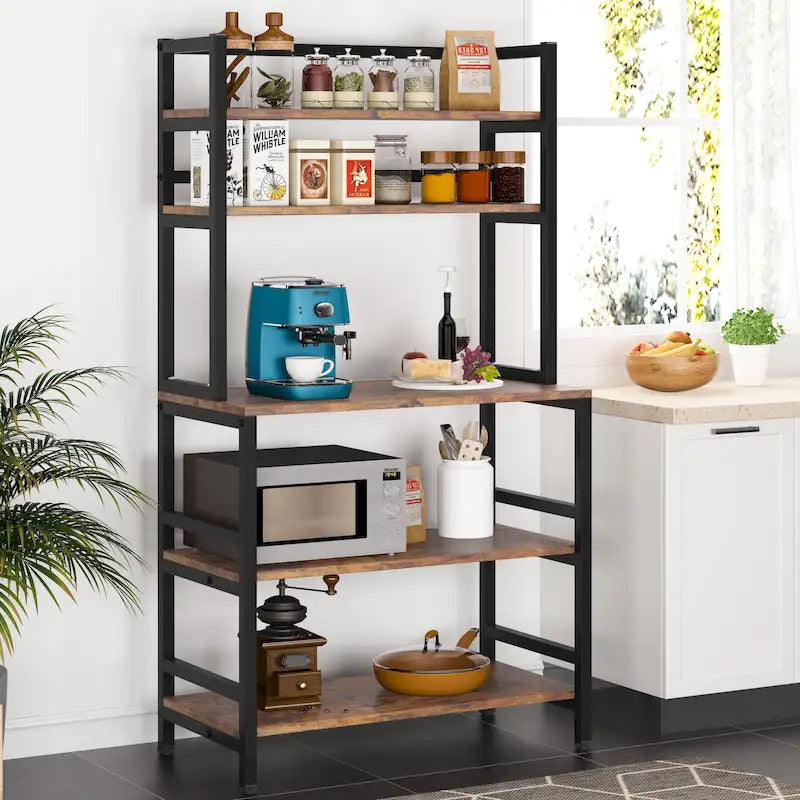 Brown/ Black Kitchen Bakers Rack Industrial Microwave Oven Stand,White 5-Tier Utility Storage Shelf,Kitchen Stand with Hutch