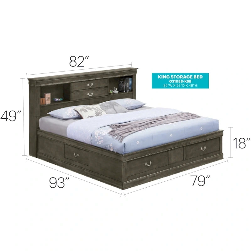 Louis Philippe King Storage Platform Bed
