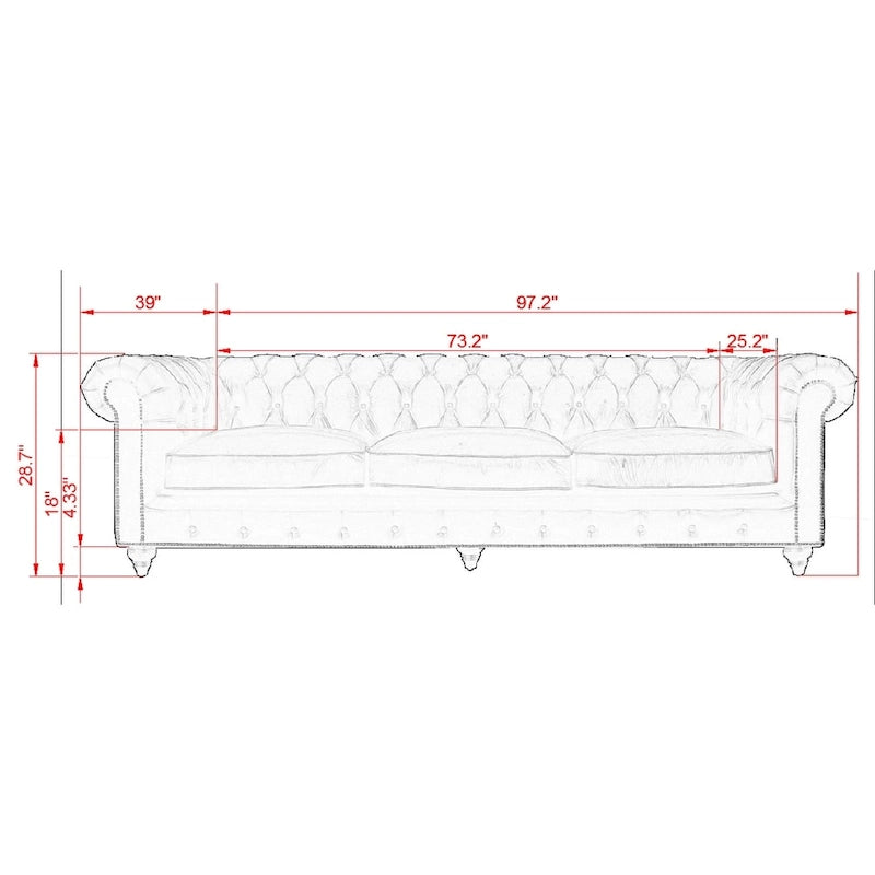 Pasargad Home Paris Club Chesterfield Tufted Sofa, Brown - 28.7 H x 97.2 W x 39 D