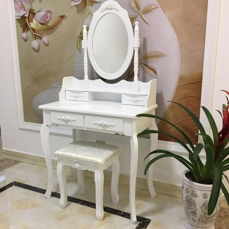 Rotation White Mirror Dressing Vanity Table Makeup Desk with Stool - (29.52 x 15.75 x 56.1)
