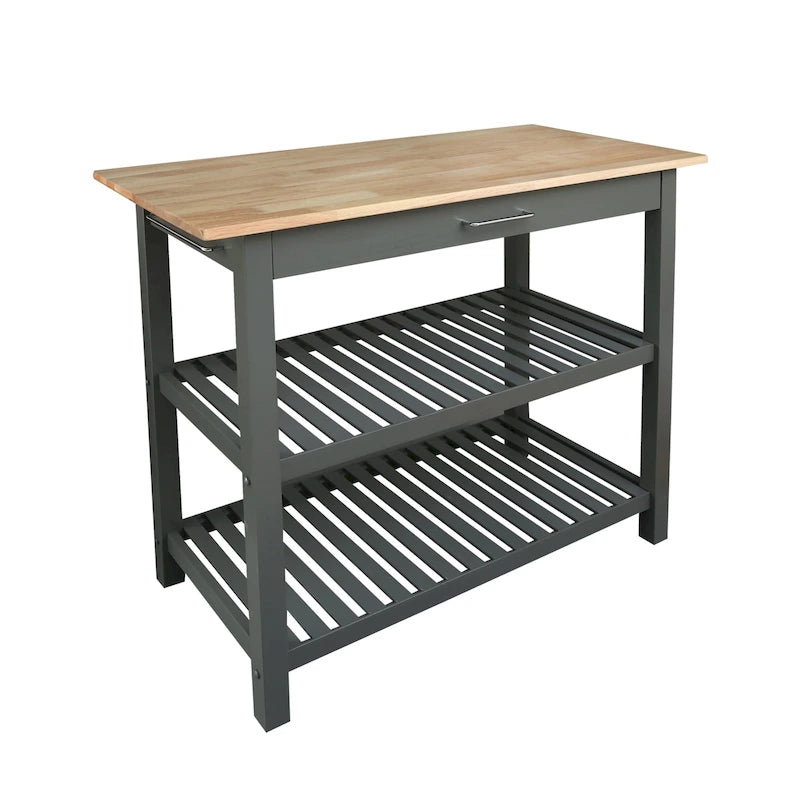 2-shelf Natural Solid Wood Top Kitchen Island - N/A