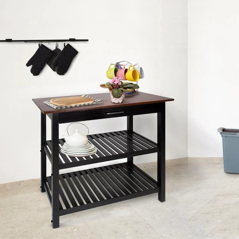 2-shelf Natural Solid Wood Top Kitchen Island - N/A