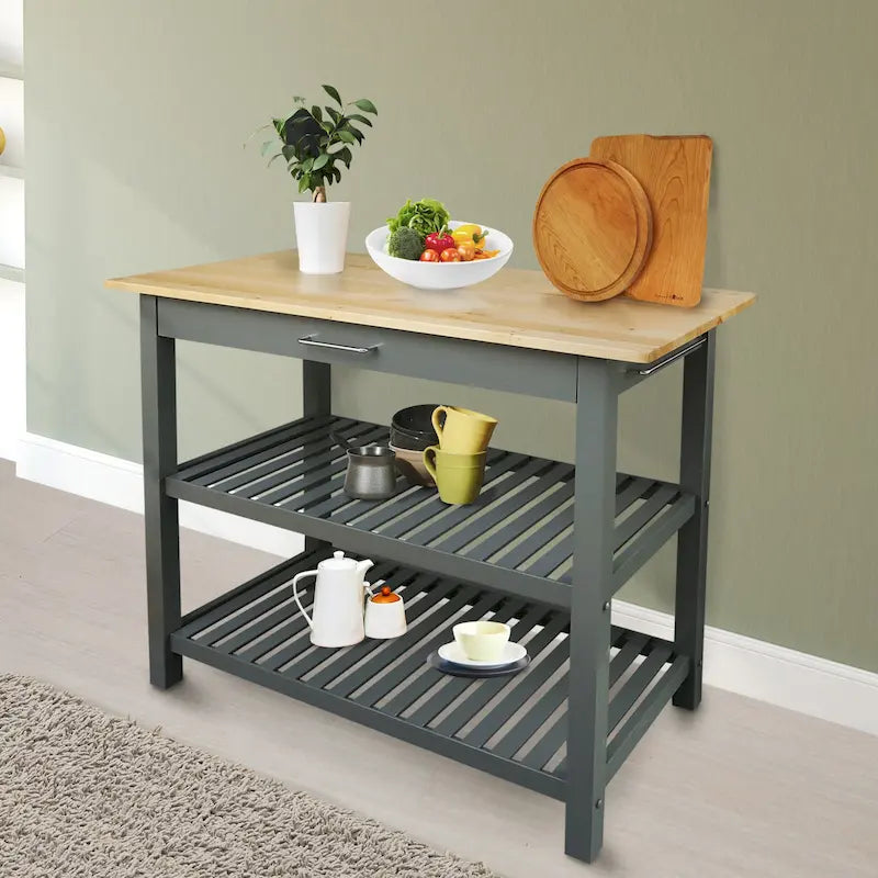 2-shelf Natural Solid Wood Top Kitchen Island - N/A