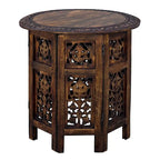 18 Inch Mango Wood Folding Accent Table, Hand Carved, Walnut Brown