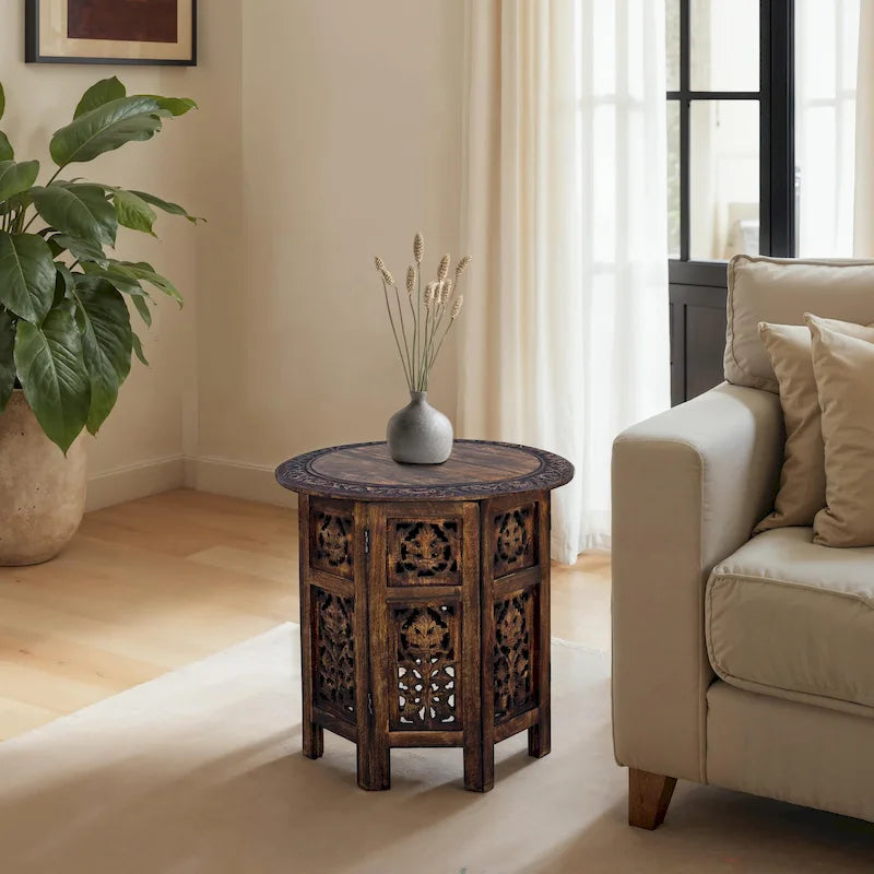 18 Inch Mango Wood Folding Accent Table, Hand Carved, Walnut Brown