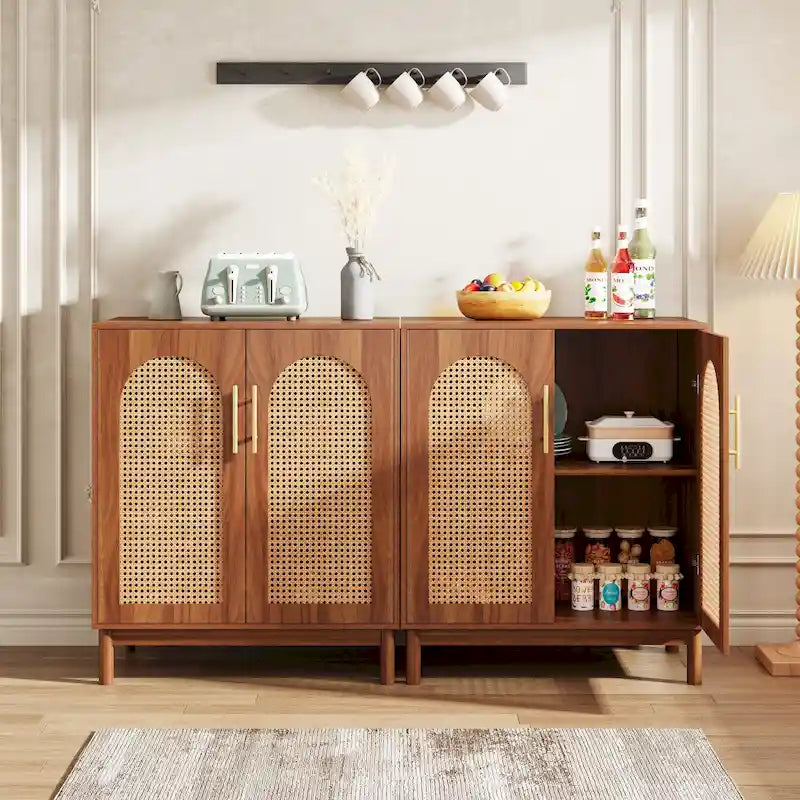 Set of 2 Rattan Sideboard, 59 Inch Buffet Cabinet with Doors, Accent Cabinet