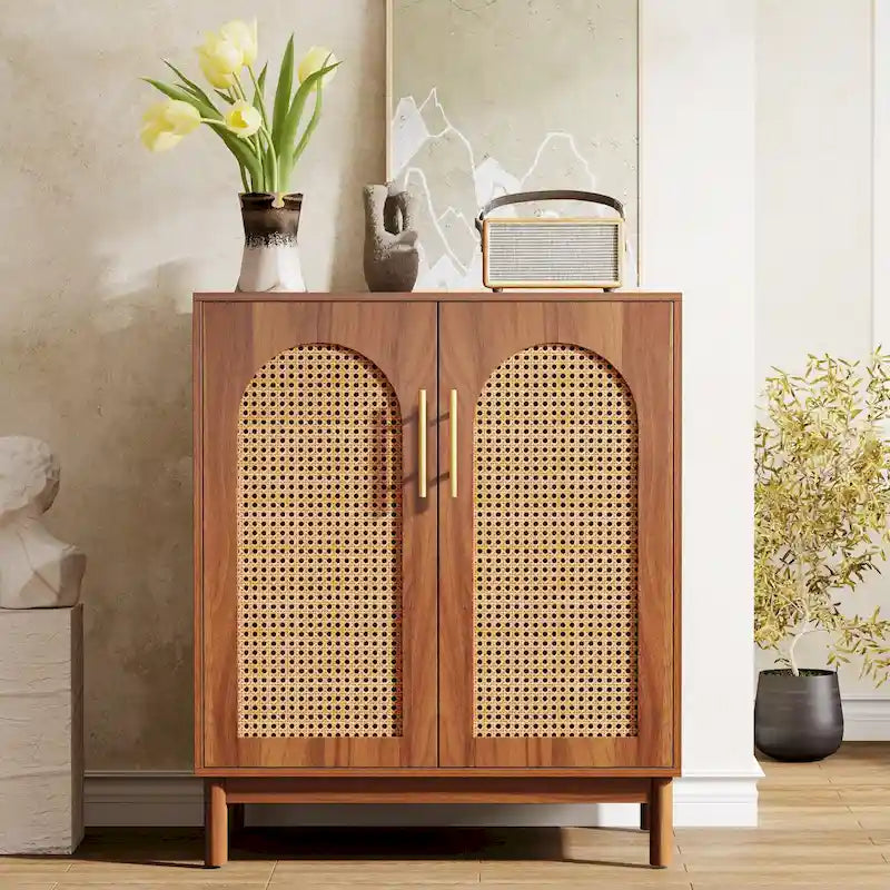 Set of 2 Rattan Sideboard, 59 Inch Buffet Cabinet with Doors, Accent Cabinet