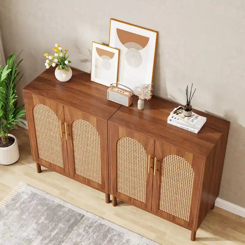 Set of 2 Rattan Sideboard, 59 Inch Buffet Cabinet with Doors, Accent Cabinet