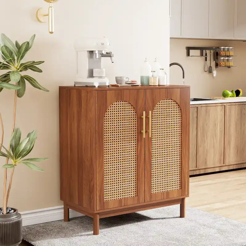 Set of 2 Rattan Sideboard, 59 Inch Buffet Cabinet with Doors, Accent Cabinet