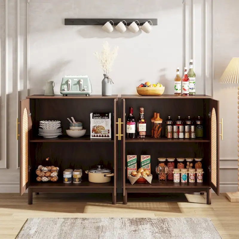 Set of 2 Rattan Sideboard, 59 Inch Buffet Cabinet with Doors, Accent Cabinet