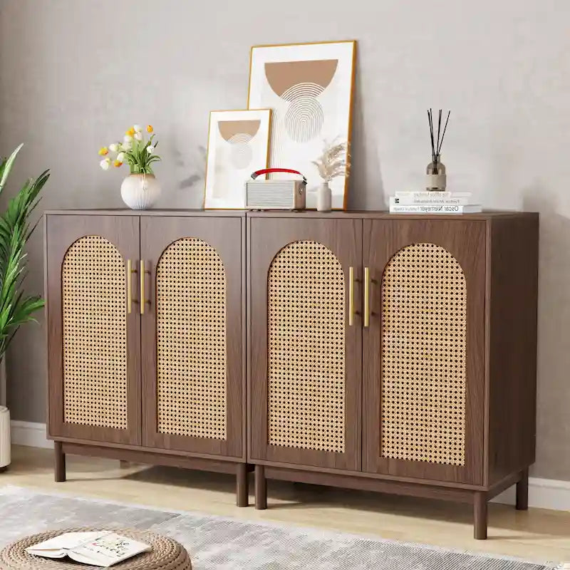Set of 2 Rattan Sideboard, 59 Inch Buffet Cabinet with Doors, Accent Cabinet