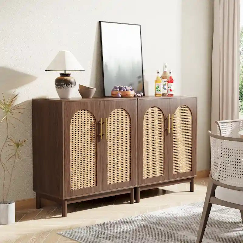 Set of 2 Rattan Sideboard, 59 Inch Buffet Cabinet with Doors, Accent Cabinet