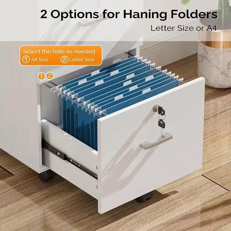 2-Drawer Rolling Wood File Cabinet with Lock