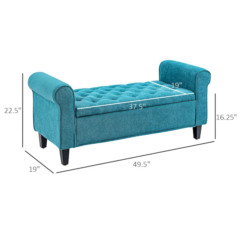 HOMCOM 50 Storage Ottoman Bench, Upholstered End of Bed Bench with Rolled Arms, Wood Legs, Button Tufted Storage Bench Gray
