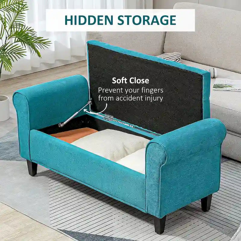 HOMCOM 50 Storage Ottoman Bench, Upholstered End of Bed Bench with Rolled Arms, Wood Legs, Button Tufted Storage Bench Gray