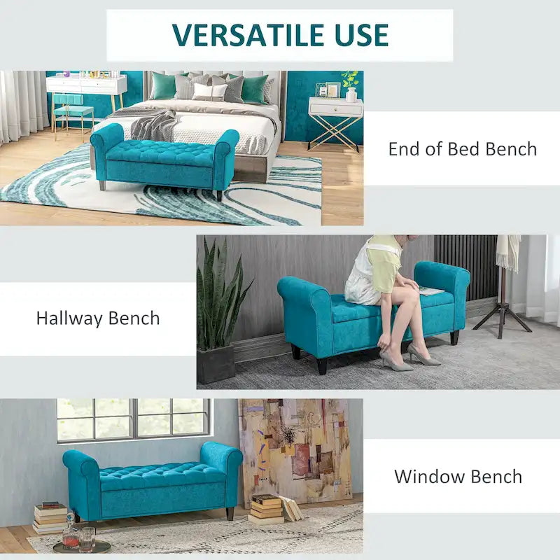 HOMCOM 50 Storage Ottoman Bench, Upholstered End of Bed Bench with Rolled Arms, Wood Legs, Button Tufted Storage Bench Gray