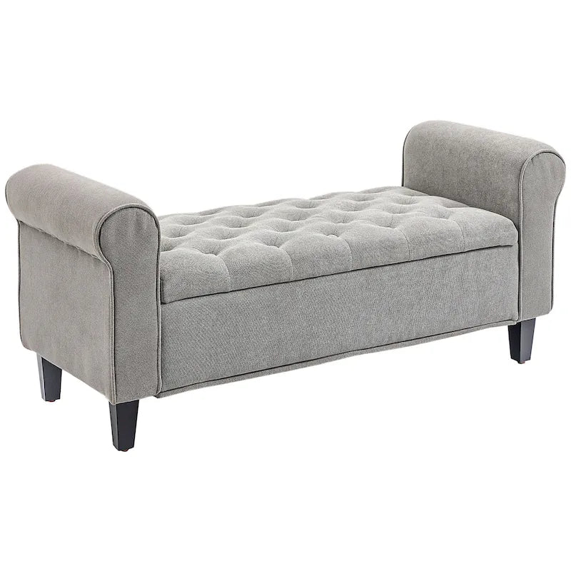 HOMCOM 50 Storage Ottoman Bench, Upholstered End of Bed Bench with Rolled Arms, Wood Legs, Button Tufted Storage Bench Gray