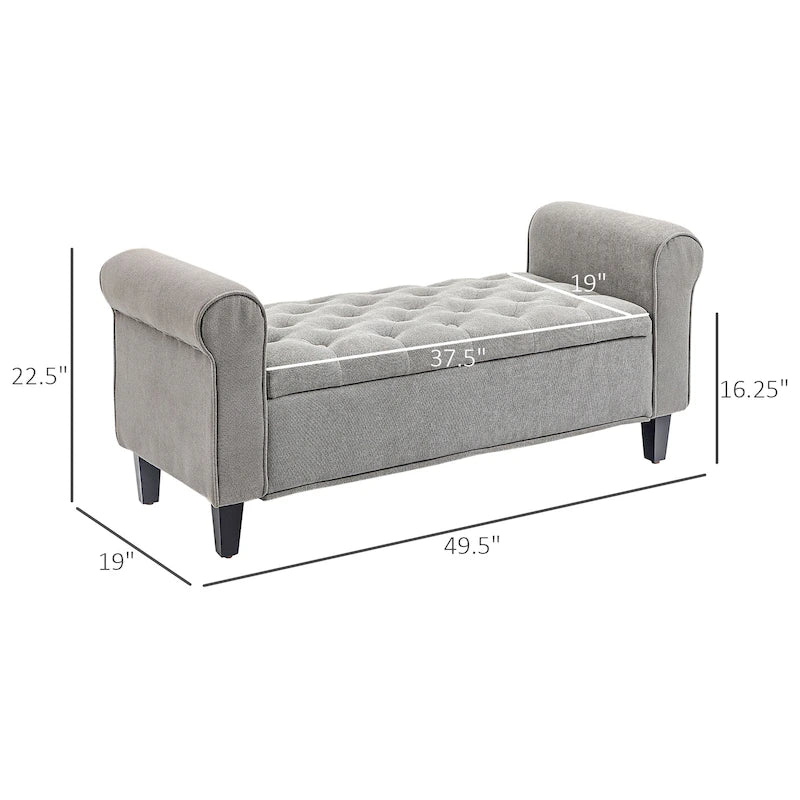HOMCOM 50 Storage Ottoman Bench, Upholstered End of Bed Bench with Rolled Arms, Wood Legs, Button Tufted Storage Bench Gray