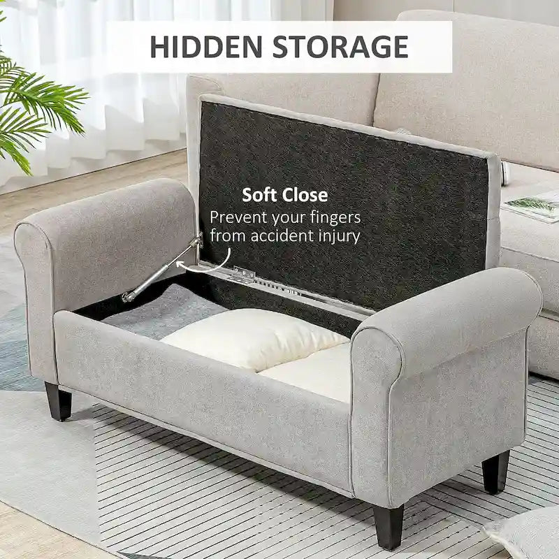 HOMCOM 50 Storage Ottoman Bench, Upholstered End of Bed Bench with Rolled Arms, Wood Legs, Button Tufted Storage Bench Gray
