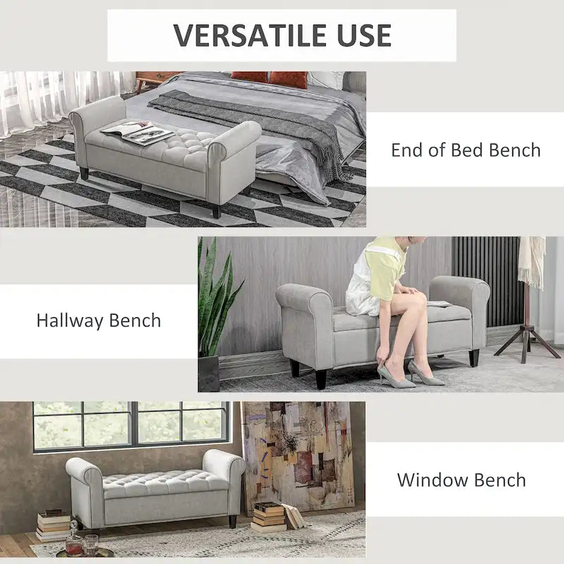 HOMCOM 50 Storage Ottoman Bench, Upholstered End of Bed Bench with Rolled Arms, Wood Legs, Button Tufted Storage Bench Gray