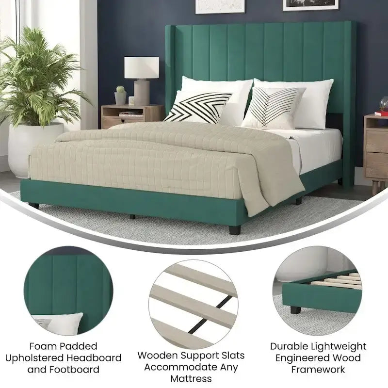 Upholstered Platform Bed with Wingback Headboard