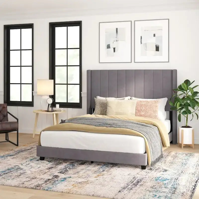 Upholstered Platform Bed with Wingback Headboard