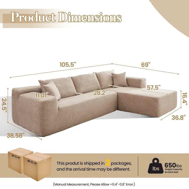 HOOOWOOO Modern Minimalist Style Sectional Couch Modular Corduroy Sofa for Living Room