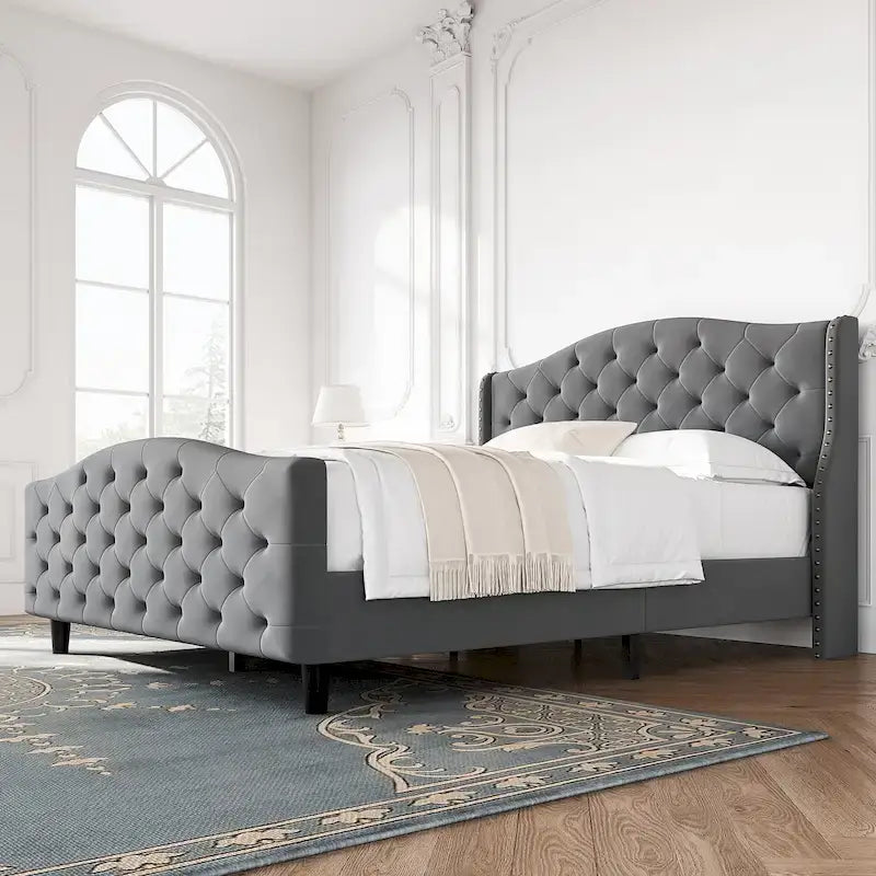 Bed Frame With Velvet Upholstered Headboard And Footboard