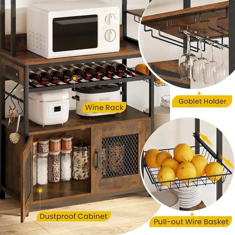 47.2 in Bakers Rack with Power Outlet Coffee Bar with Cabinet