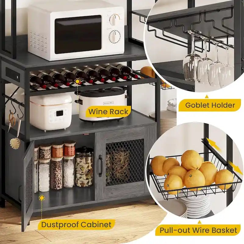 47.2 in Bakers Rack with Power Outlet Coffee Bar with Cabinet