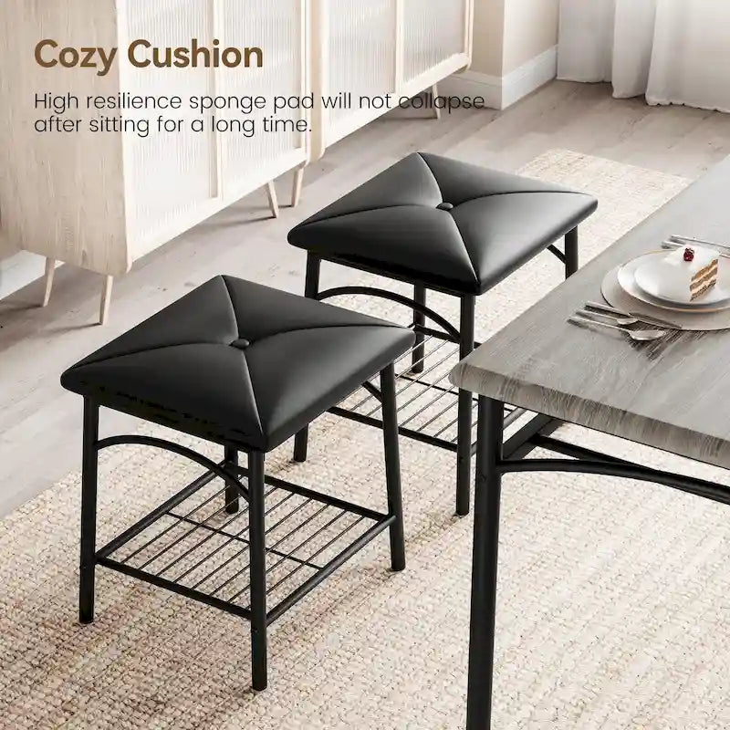 Dining Table Set for 4, Kitchen Table Set with Upholstered Bench and Square Stools