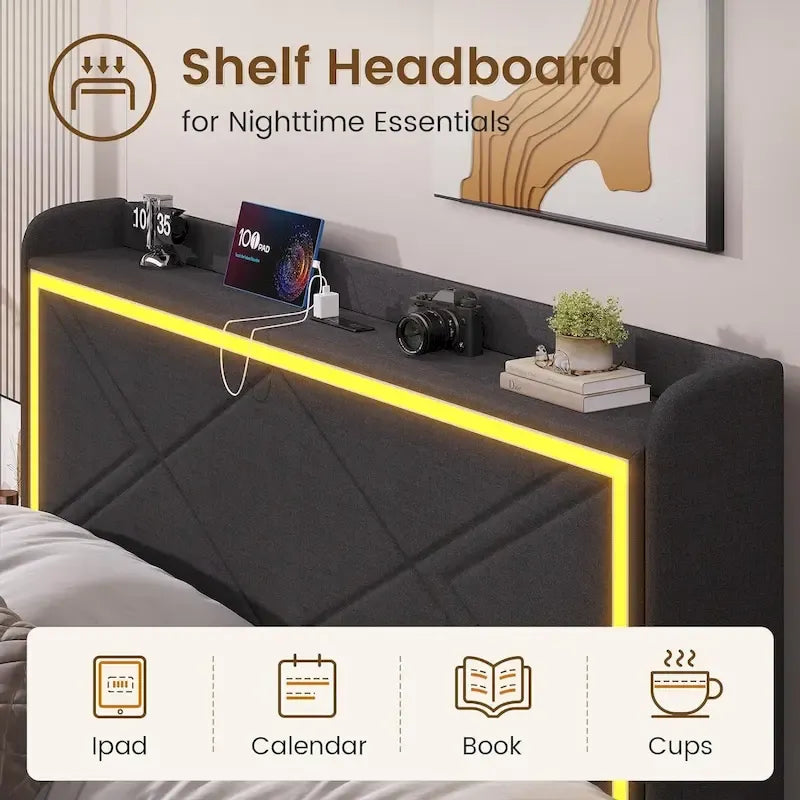Bed Frame LED Lights Headboard & USB-C/A Charging Station 4 Drawers