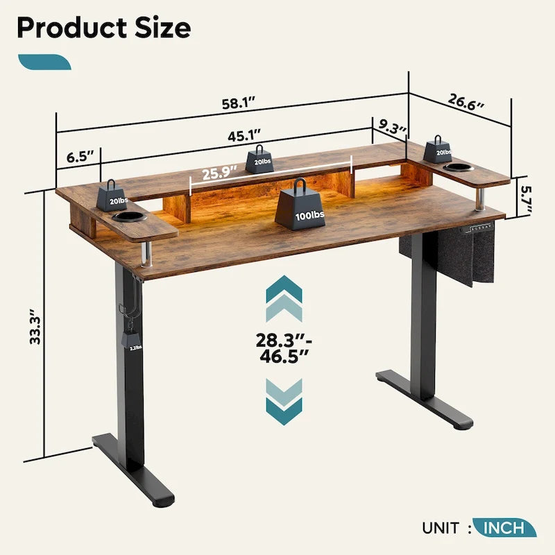 Electric Standing Desk Height Adjustable Computer Desk with Storage and Monitor Stand