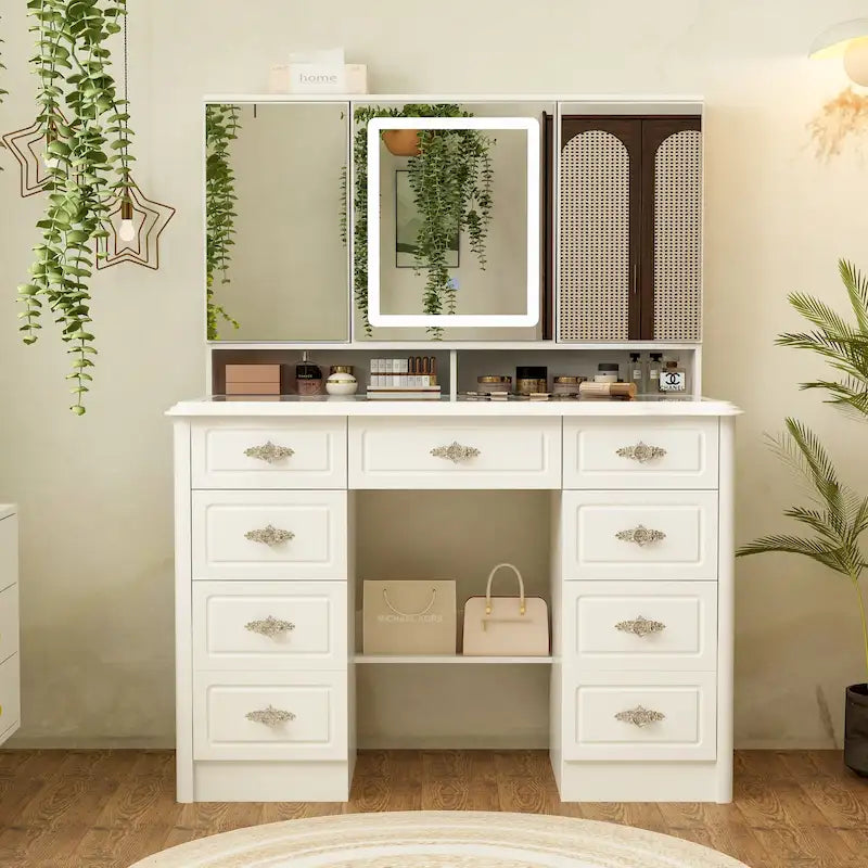 43.3W Makeup Vanity White Vanity Desk with Hidden Storage Shelves