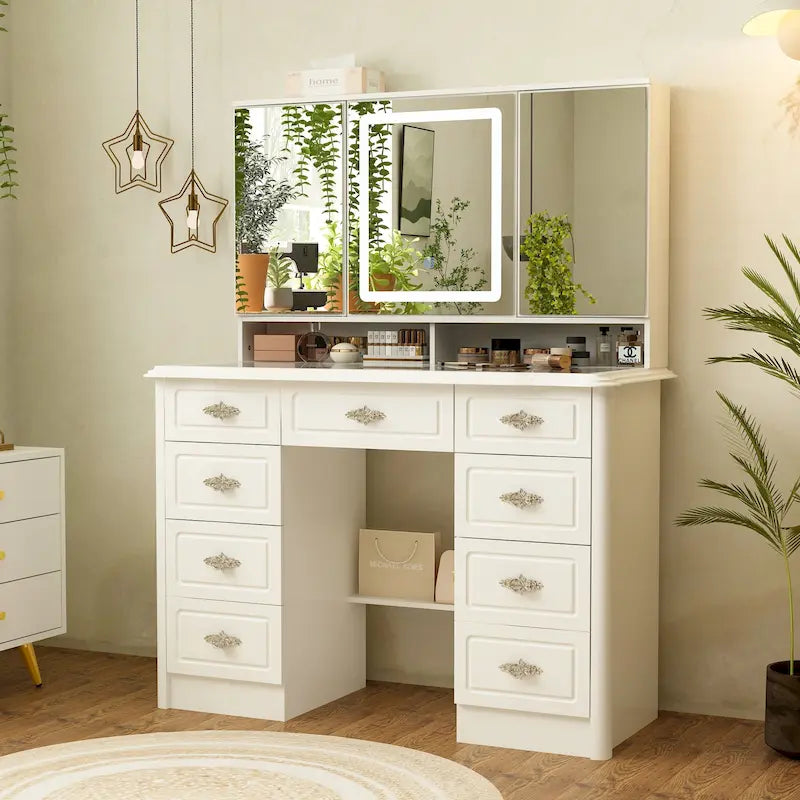 43.3W Makeup Vanity White Vanity Desk with Hidden Storage Shelves