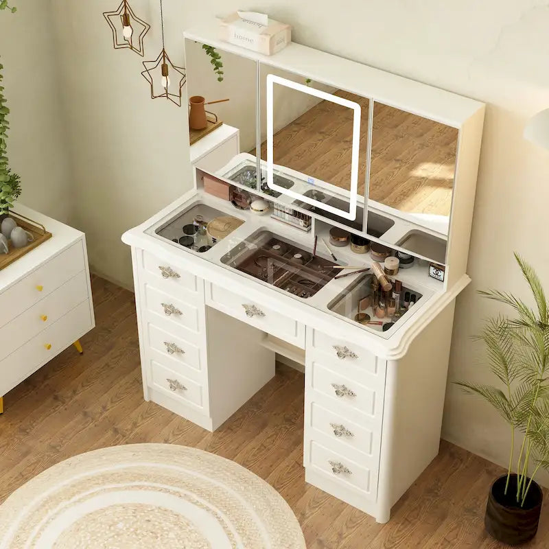 43.3W Makeup Vanity White Vanity Desk with Hidden Storage Shelves