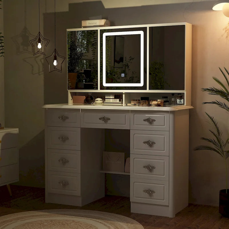 43.3W Makeup Vanity White Vanity Desk with Hidden Storage Shelves
